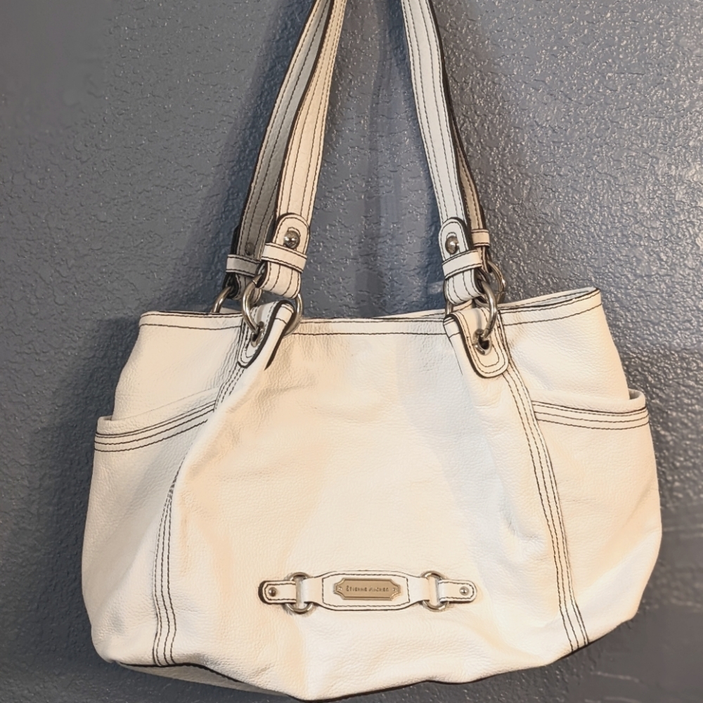 Etienne Aigener 14" White Leather Satchel Handbag Purse